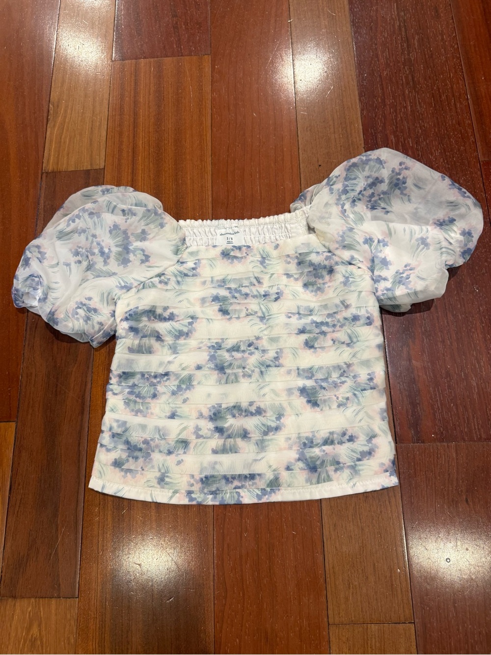 abercrombie kids White Floral Puff Sleeve Top with Blue & Pink Accents